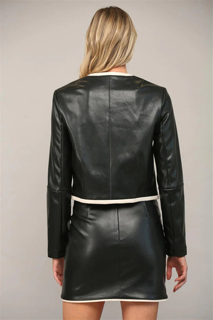 Ruby & Jenna Women's Round Neck Faux Leather Jacket