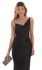 Lucy In The Sky Satin Asymmetrical Cowl Neck Maxi Dress in Black