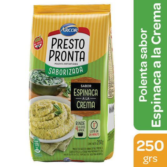 Pampa Direct Presto Pronta Polenta Instantánea Saborizada Espinaca Creamed Spinach Flavored Corn Meal Ready In One Minute, 250 g / 8.81 oz