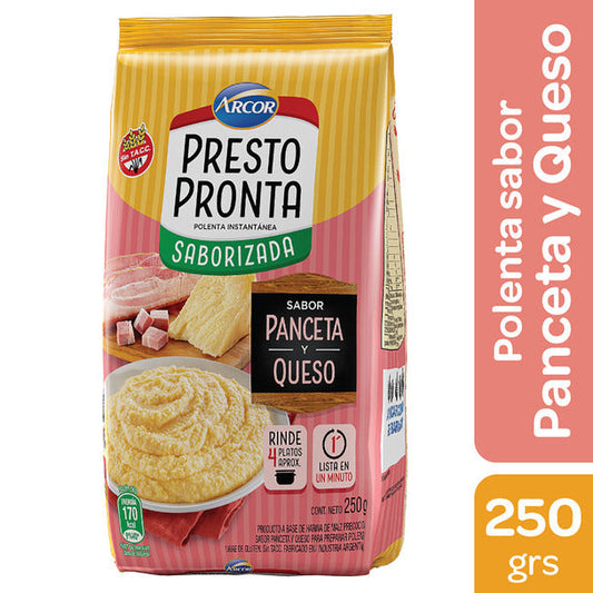 Pampa Direct Presto Pronta Polenta Instantánea Saborizada Panceta y Queso Cheese & Bacon Flavored Corn Meal Ready In One Minute, 250 g / 8.81 oz