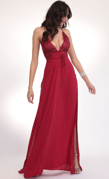 Lucy In The Sky Floral Lace Plunge Maxi in Merlot