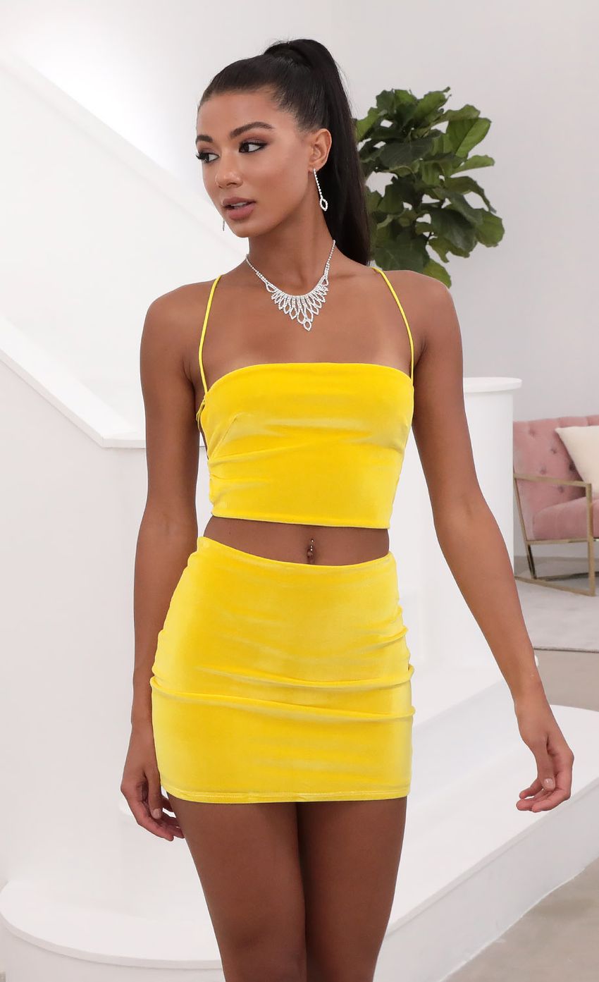Lucy In The Sky Crushed Velvet Lace-Up Set In Yellow