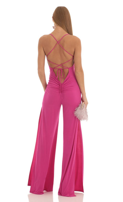 Lucy In The Sky Ruched Sweetheart Bust Slit Jumpsuit in Fuchsia