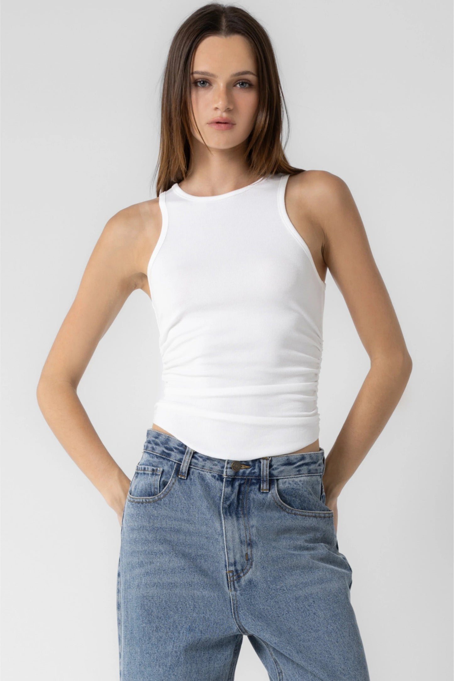 Ruby & Jenna Women's Knit Rib Shirred Tank