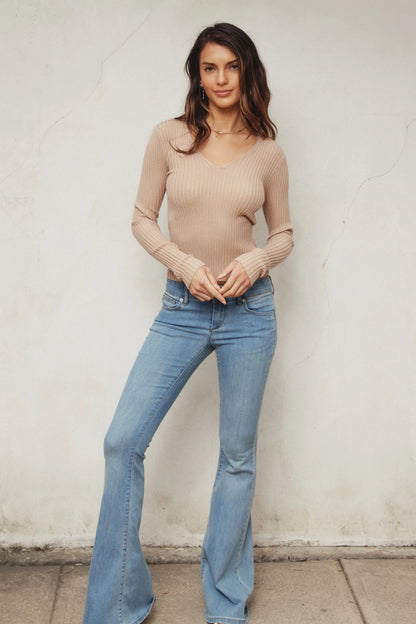 Ruby & Jenna Women's Knit Rib V Neck Sweater