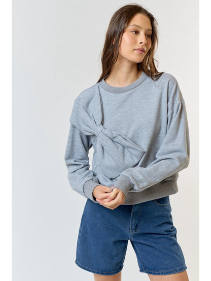 Ruby & Jenna Women's Crew Neck French Terry Top With Bow