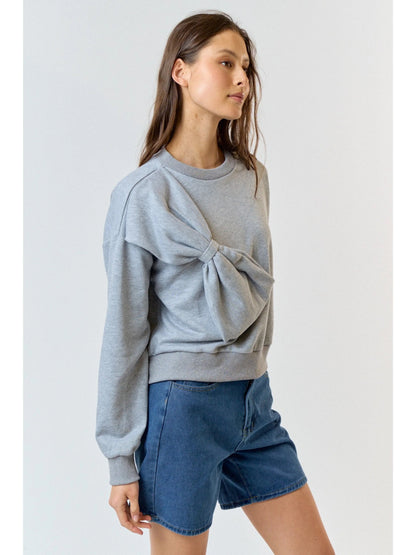 Ruby & Jenna Women's Crew Neck French Terry Top With Bow