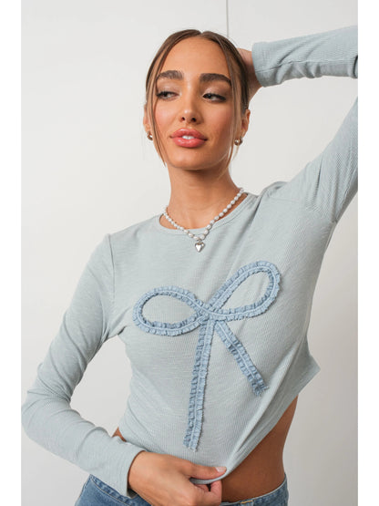 Ruby & Jenna Women's Bow Ribbed Knit Top