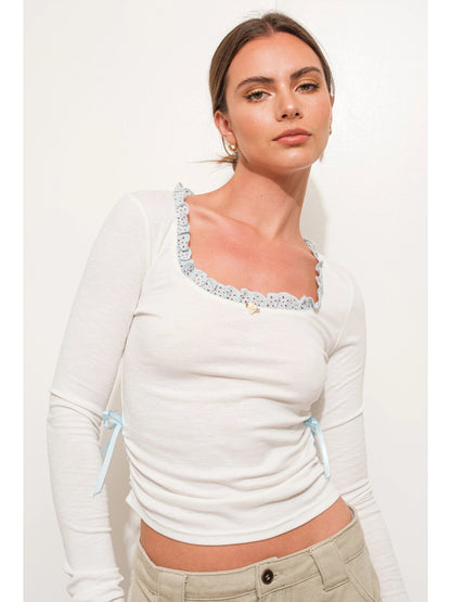 Ruby & Jenna Women's Lace Trim Rib Knit Top