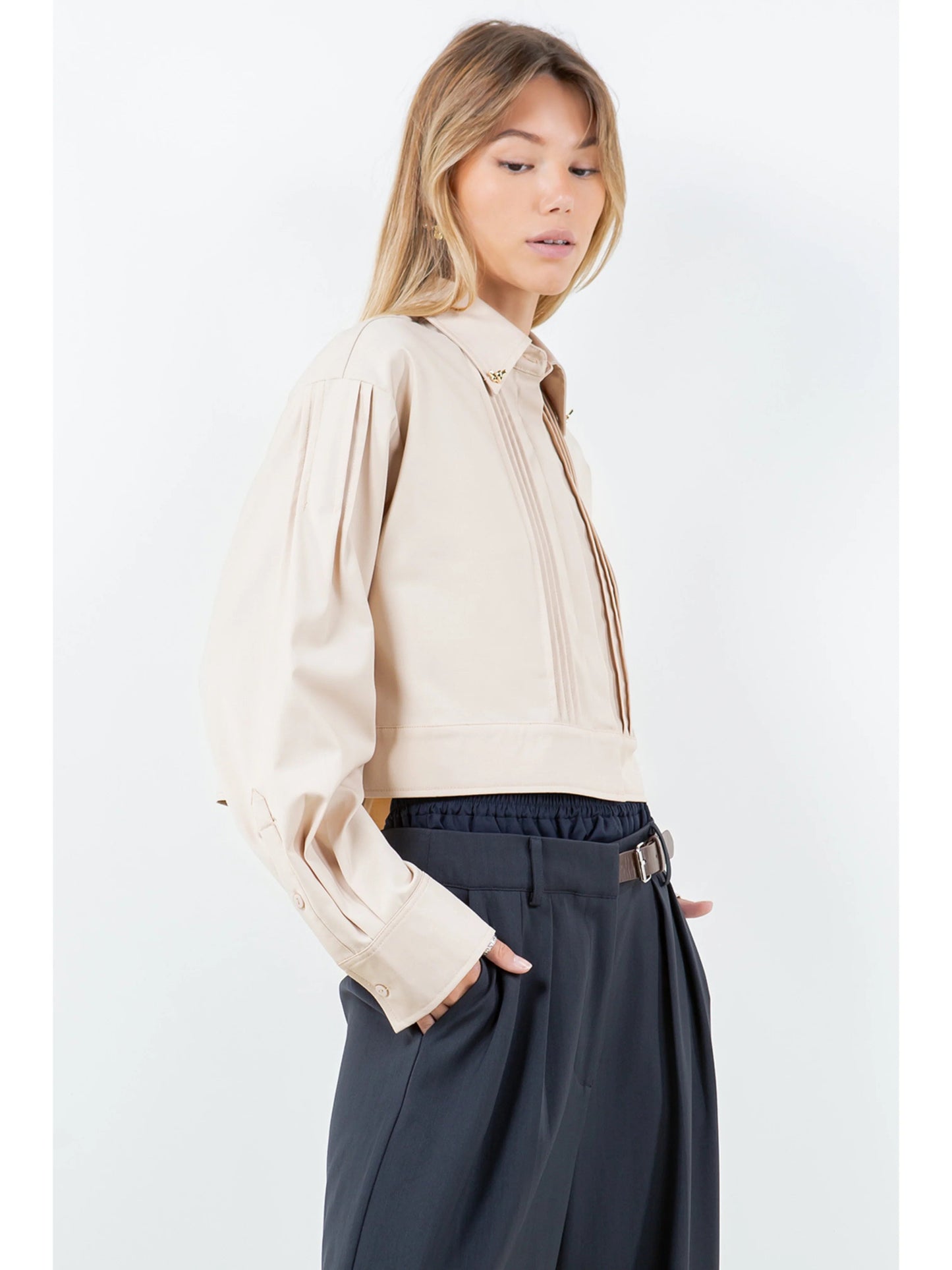 Ruby & Jenna Women's Jeweled Collar Pintuck detail Top