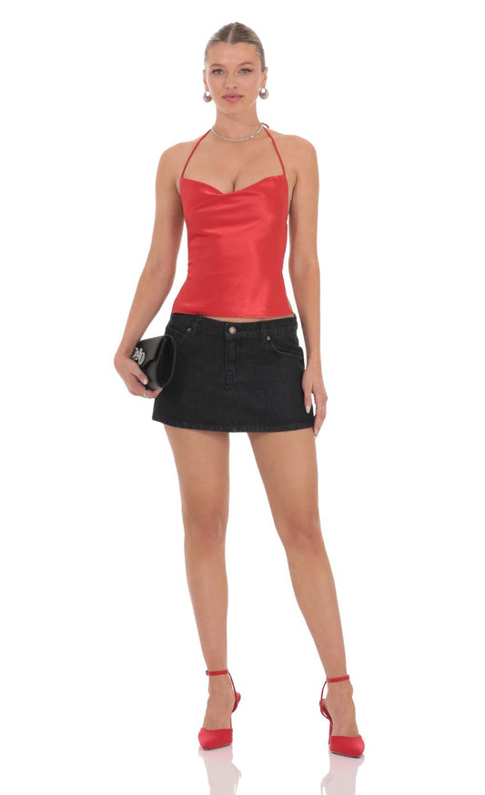 Lucy In The Sky Satin Cowl Neck Top in Red