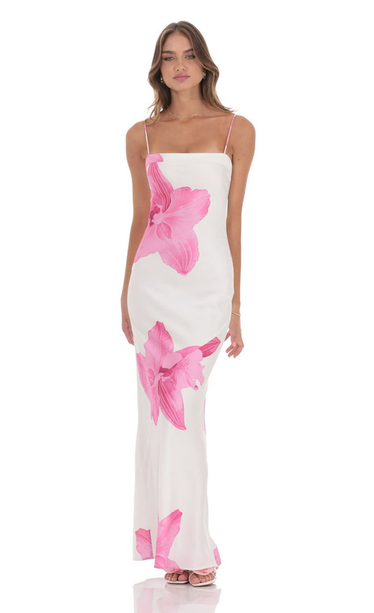 Lucy in the Sky Satin Floral Open Back Maxi Dress in White