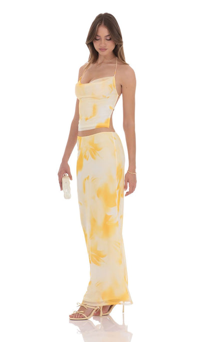 Lucy in the Sky Floral Cowl Neck Two Piece Set in Yellow
