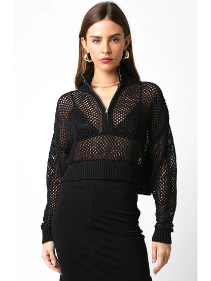 Ruby & Jenna Women's Half Zip Crop Crochet Sweater