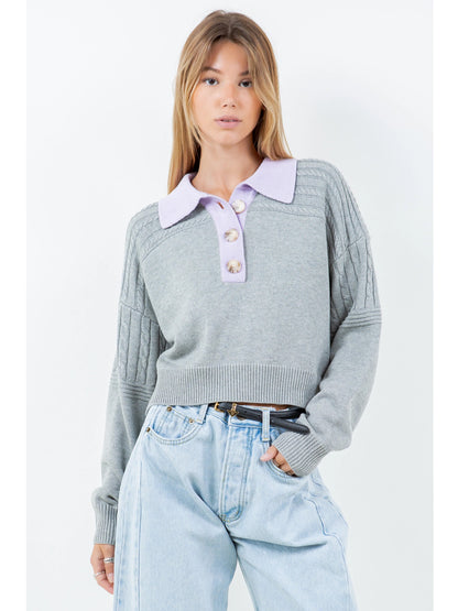 Ruby & Jenna Women's Contrast Collar Cable Pointelle Sweater