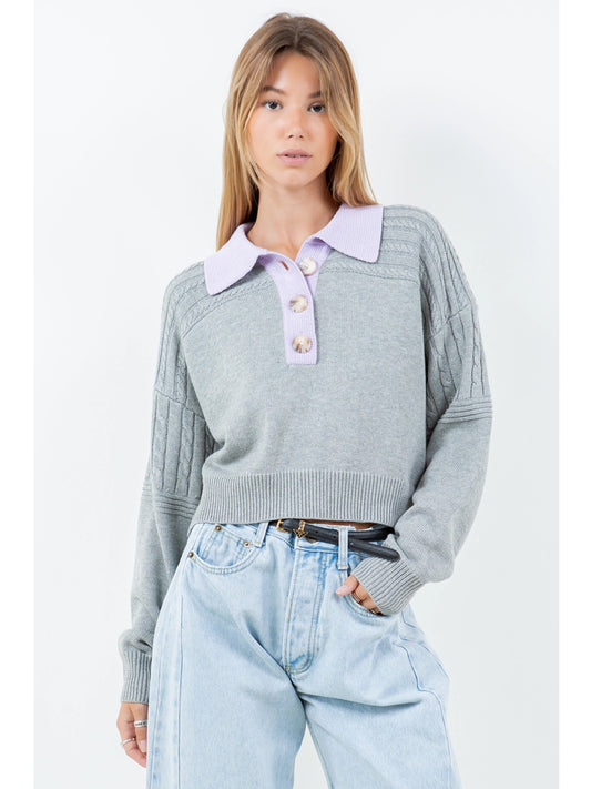 Ruby & Jenna Women's Contrast Collar Cable Pointelle Sweater