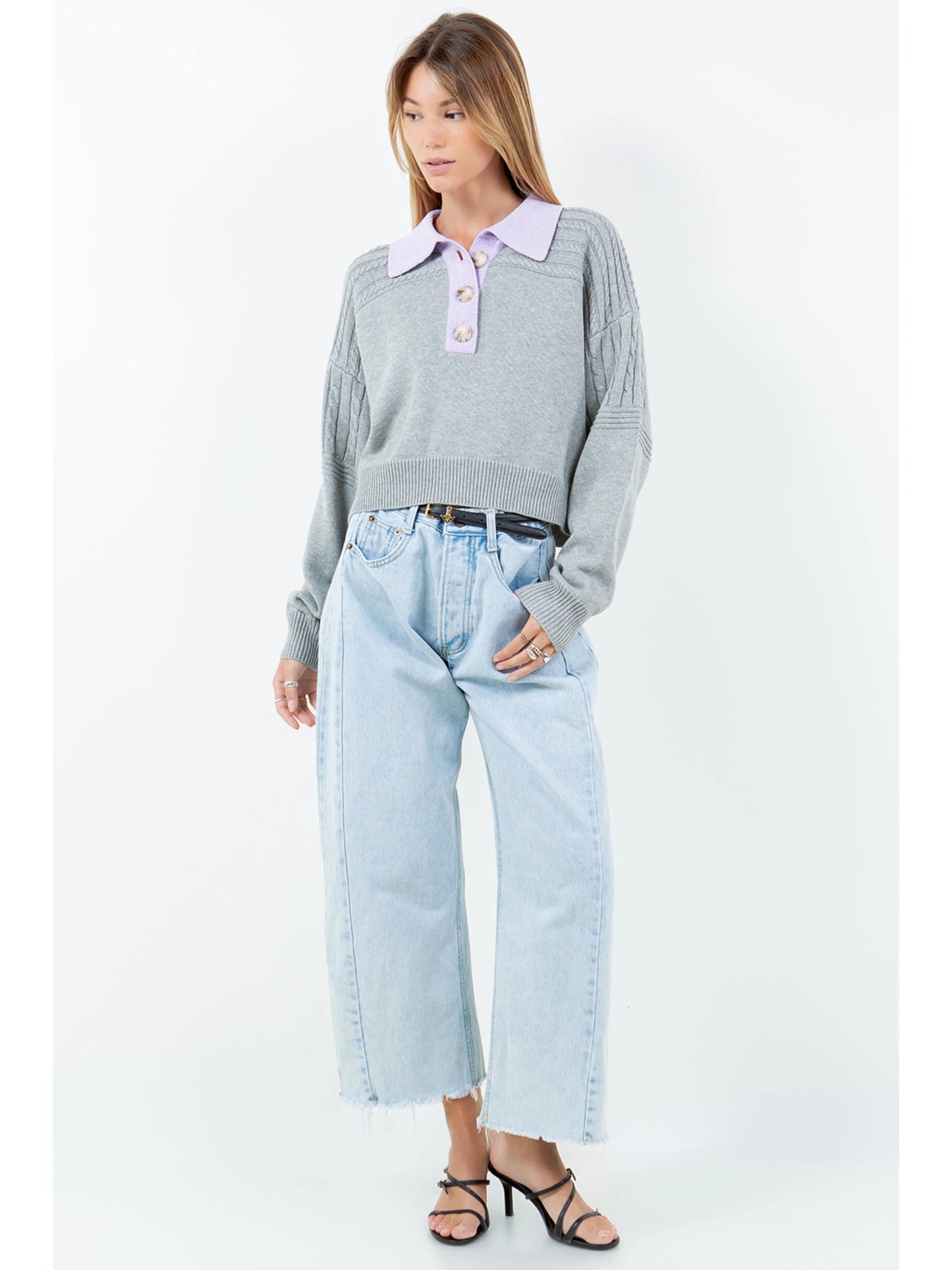 Ruby & Jenna Women's Contrast Collar Cable Pointelle Sweater