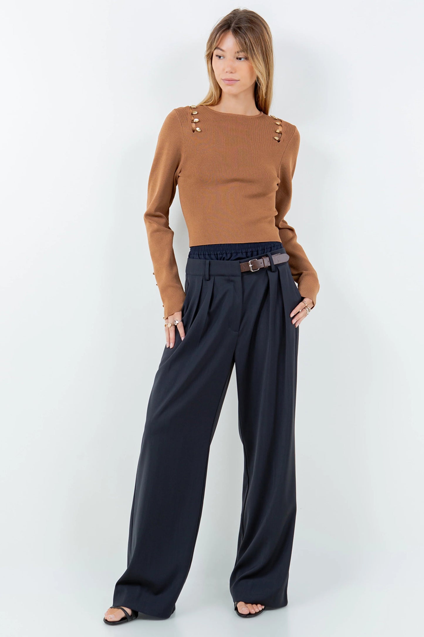 Ruby & Jenna Women's Abstract Button Detailed Knitdown Sweater