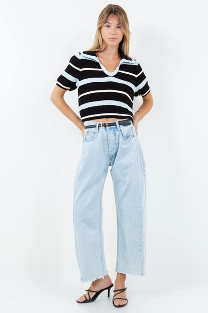 Ruby & Jenna Women's Cropped Stripe Scallop Collar Sweater