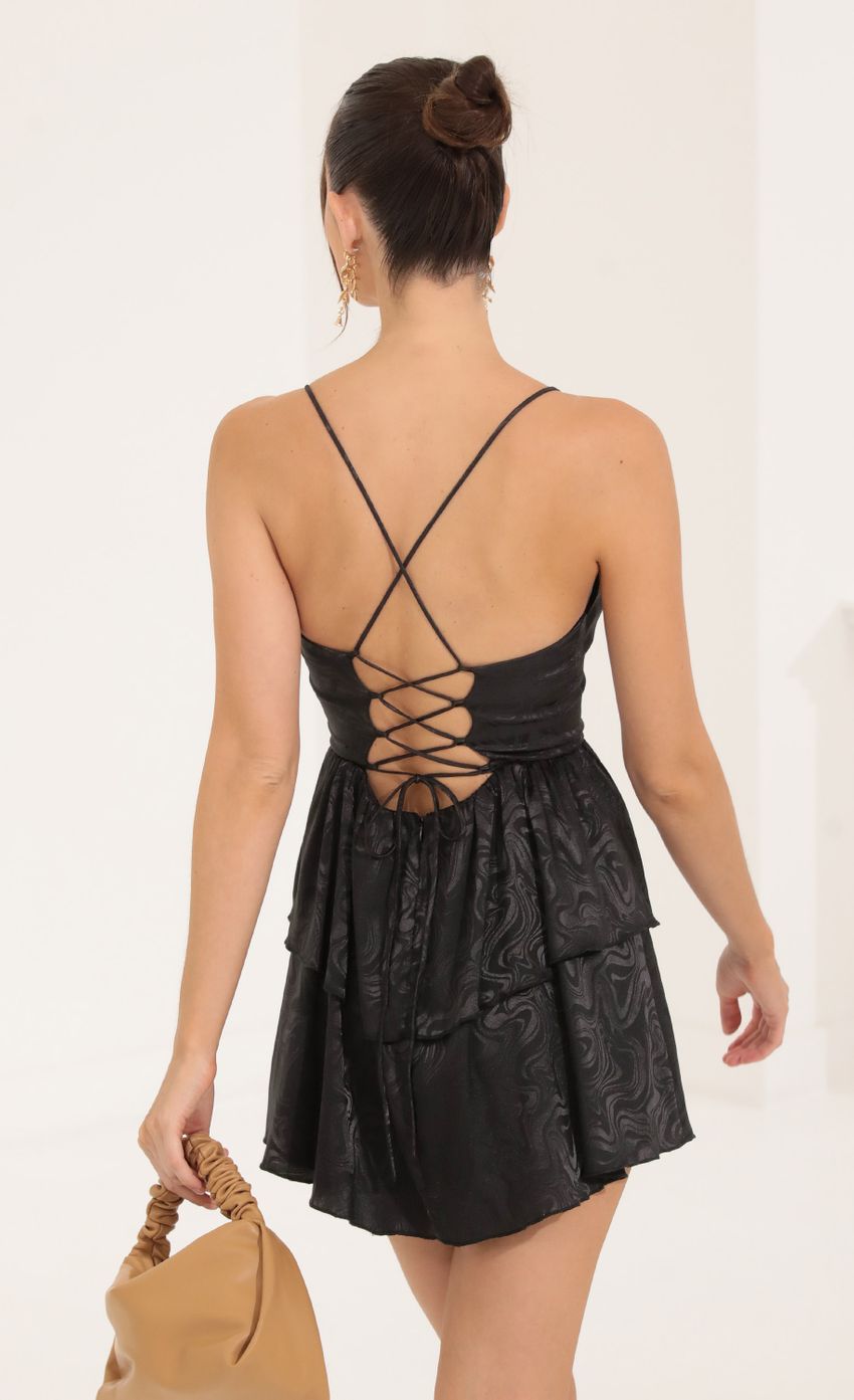 Lucy in the Sky Marble Jacquard Ruffle Dress in Black