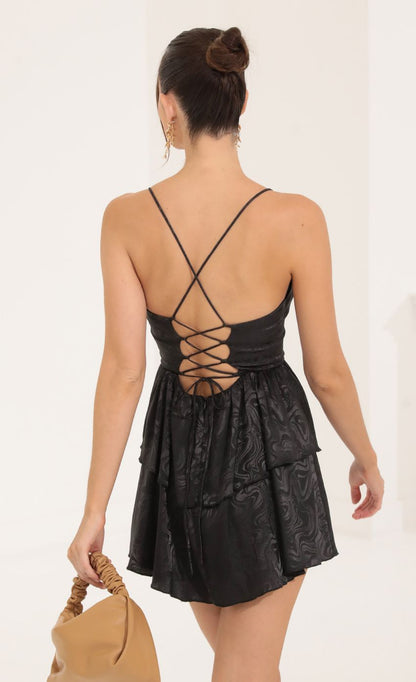 Lucy in the Sky Marble Jacquard Ruffle Dress in Black