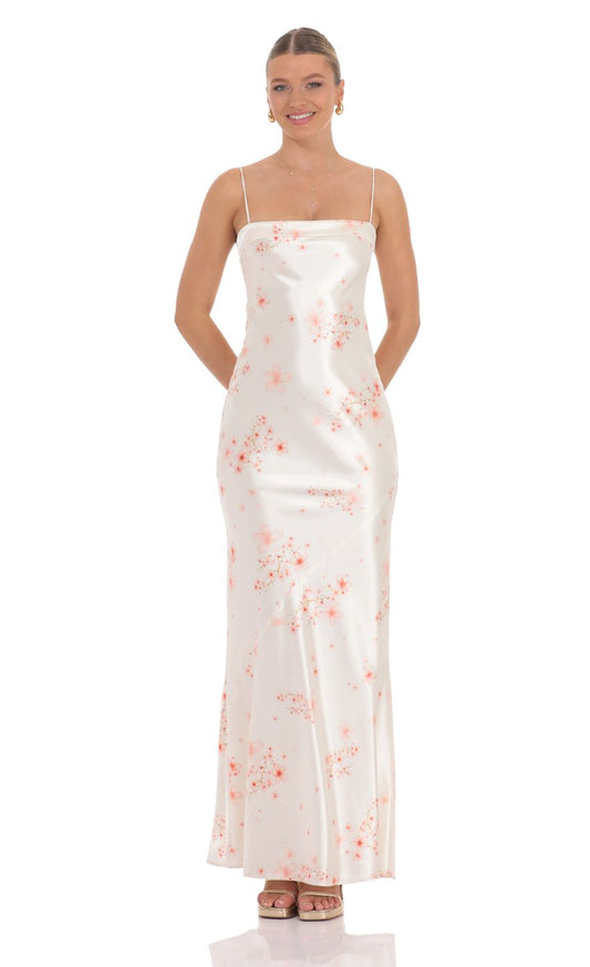 Lucy in the Sky Cherry Blossom Open Back Maxi Dress in Cream