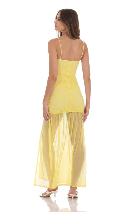 Lucy In The Sky Mesh Ruched Mermaid Dress in Yellow