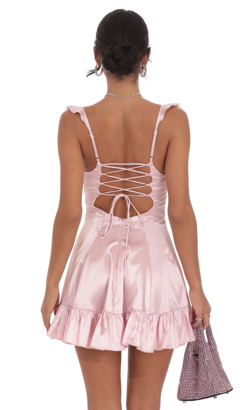 Lucy In The Sky Satin Ruffle Fit and Flare Dress in Pink