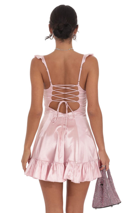 Lucy In The Sky Satin Ruffle Fit and Flare Dress in Pink