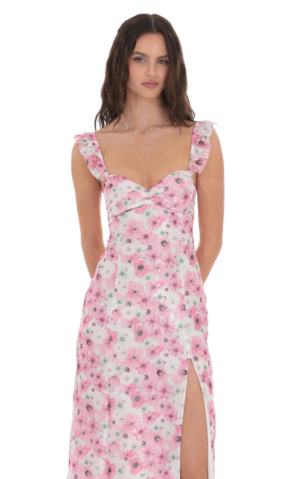 Lucy in the Sky Lace Floral Ruffle Sleeve Maxi Dress in White