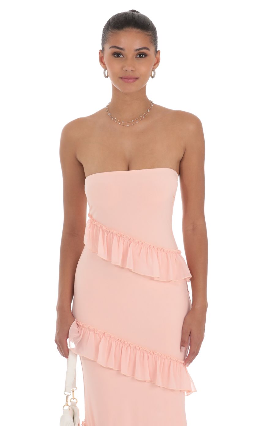 Lucy In The Sky Strapless Spiral Ruffle Maxi Dress in Peach