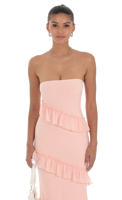 Lucy In The Sky Strapless Spiral Ruffle Maxi Dress in Peach
