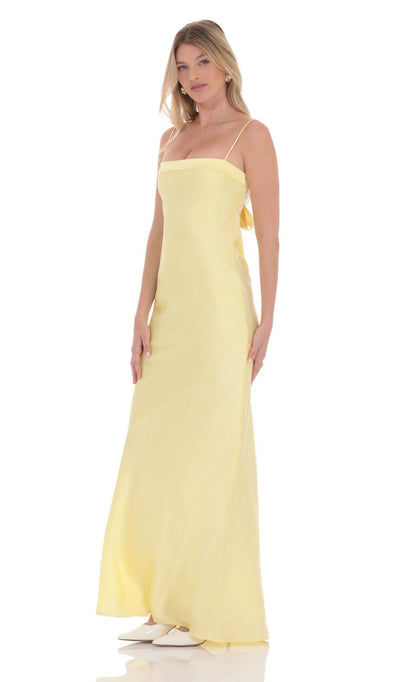 Lucy in the Sky Satin Open Back Maxi Dress in Yellow