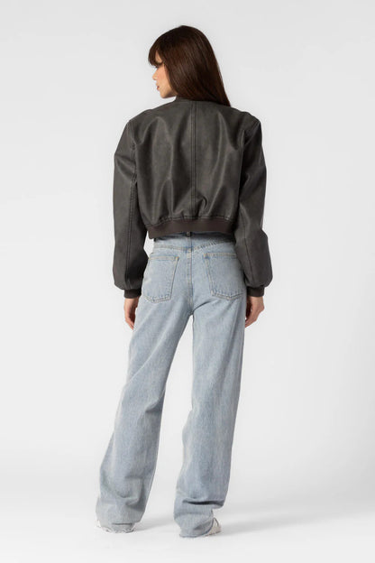 Ruby & Jenna Women's Faded Faux Leather Cropped Bomber