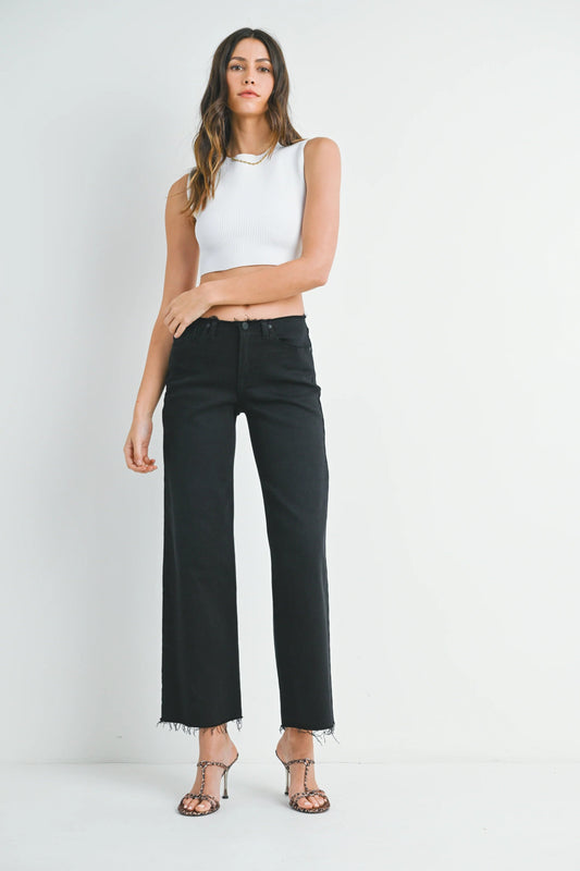 Ruby & Jenna Women's Just Black - Frayed Waistband Slouchy Wide Leg