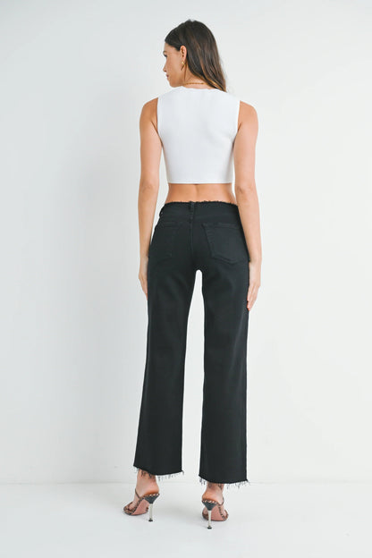 Ruby & Jenna Women's Just Black - Frayed Waistband Slouchy Wide Leg