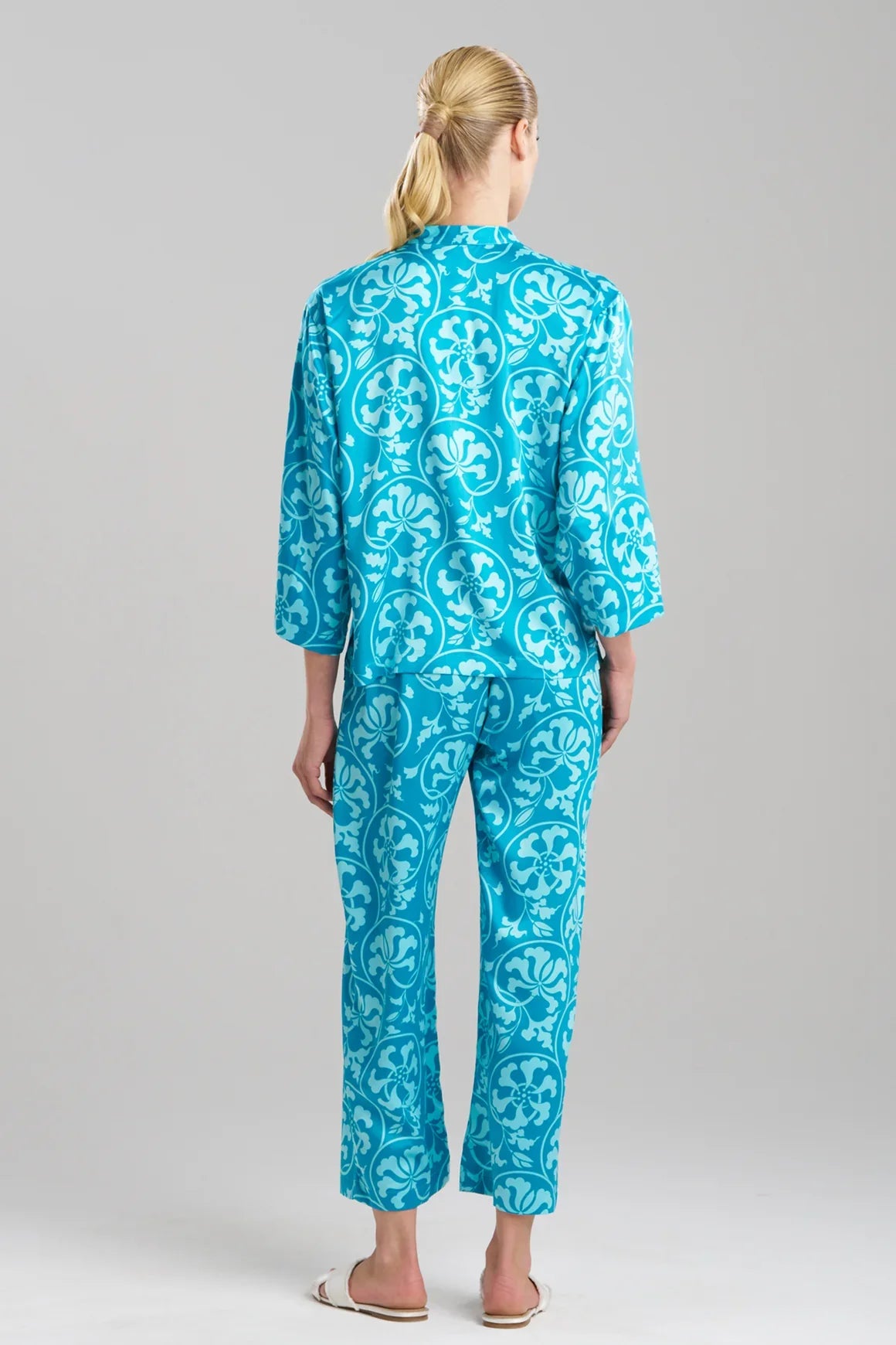 Natori Floral Harmony Satin Button Down PJ - Teal