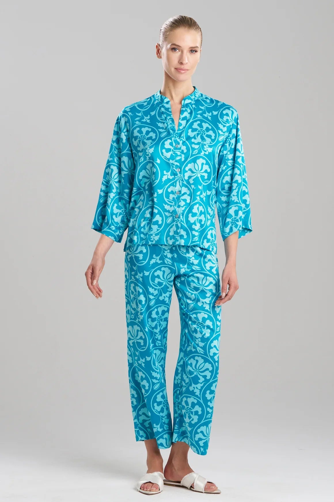 Natori Floral Harmony Satin Button Down PJ - Teal