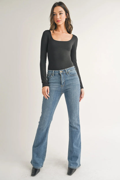 Ruby & Jenna Women's Double Scoop Neck Long Sleeve Bodysuit