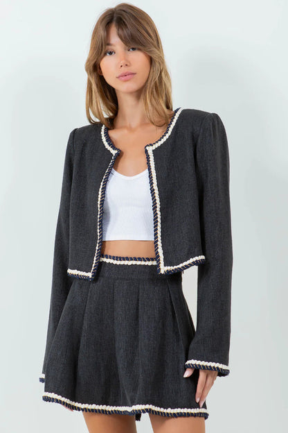 Ruby & Jenna Women's Braided Trim Tweed Jacket