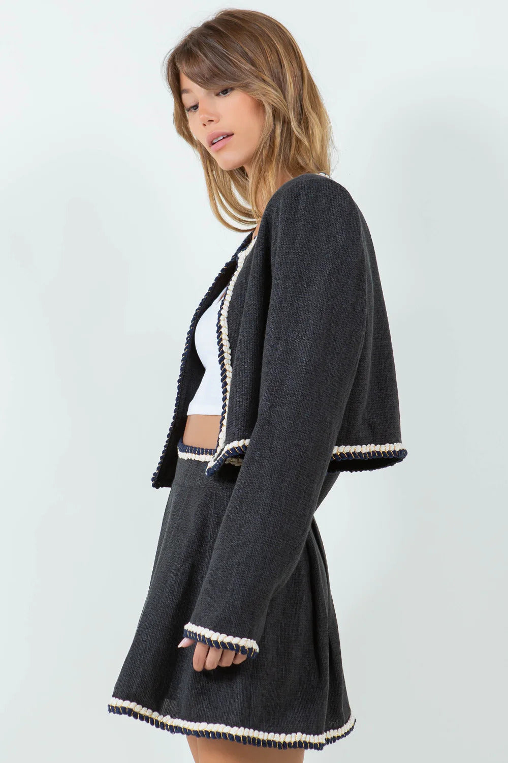 Ruby & Jenna Women's Braided Trim Tweed Jacket