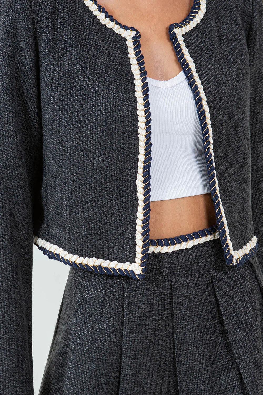 Ruby & Jenna Women's Braided Trim Tweed Jacket