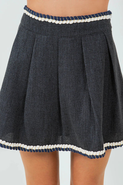 Ruby & Jenna Women's Braided Trim Tweed Pleated Mini Skirt