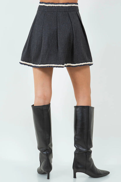 Ruby & Jenna Women's Braided Trim Tweed Pleated Mini Skirt