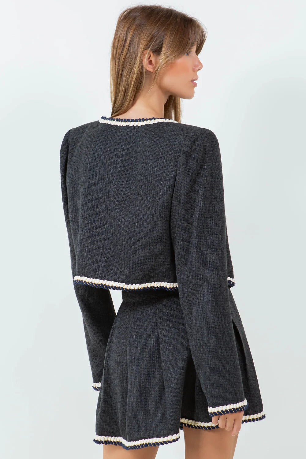 Ruby & Jenna Women's Braided Trim Tweed Jacket