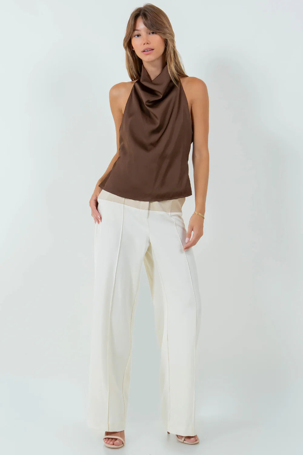 Ruby & Jenna Women's Cowl Satin Tank With Bow