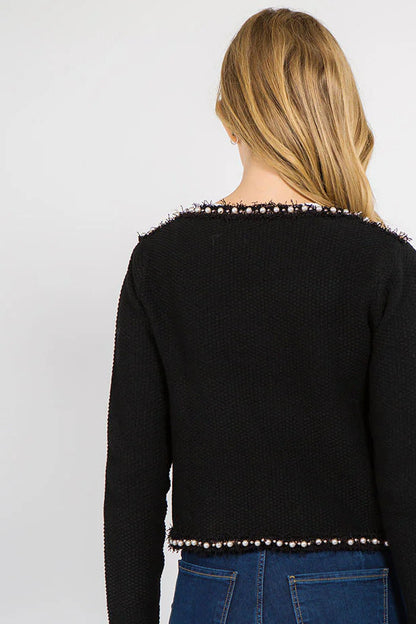 Ruby & Jenna Women's Frayed Pearl Trim Detail Textured Jacket