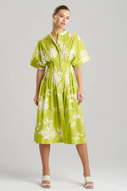 NATORI Miyako Printed Cotton Poplin Pleat Button Down Dress