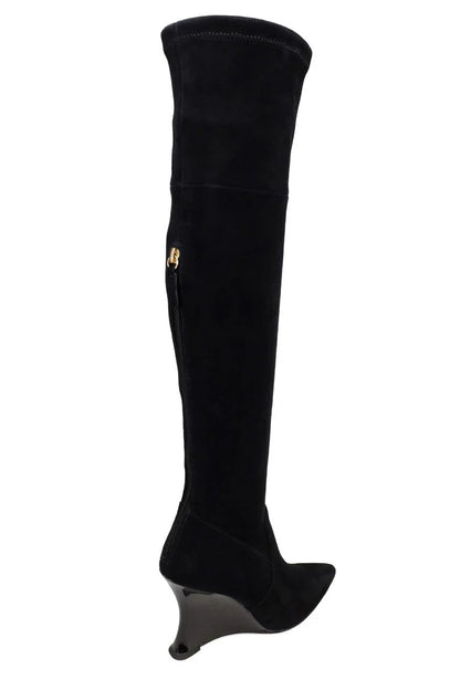 Natori Natsu Stretch Suede Over the Knee Wedge Boot - Black