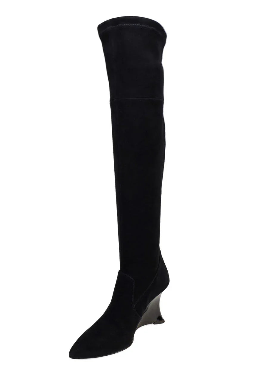 Natori Natsu Stretch Suede Over the Knee Wedge Boot - Black